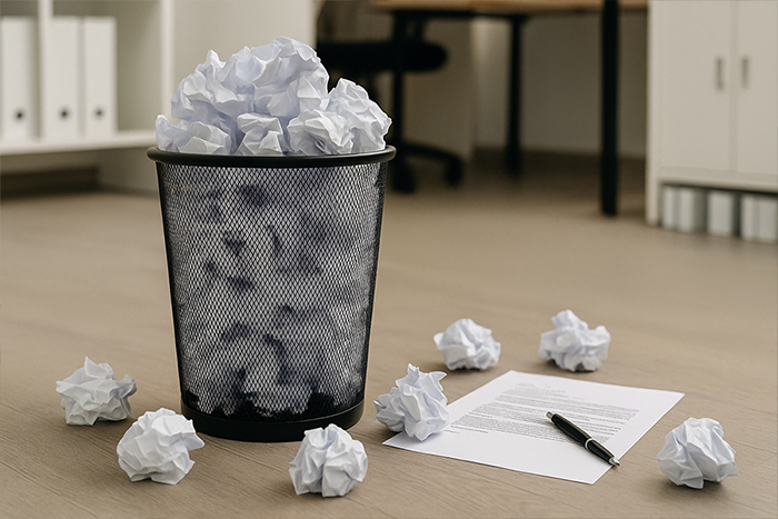 Odpadkový kôš plný chybne napísaných motivačných listov