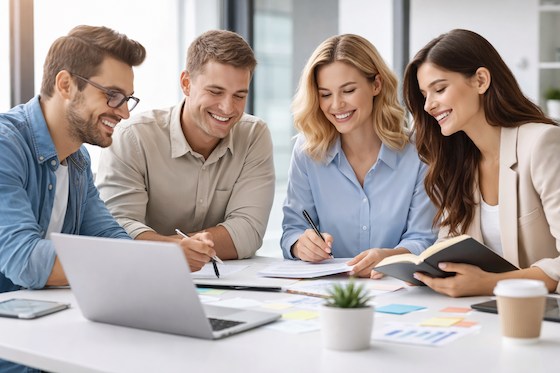 Mladí zamestnanci firmy spolupracujú na projekte