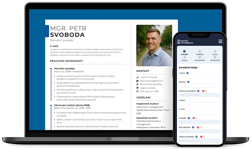 Obrázok notebooku a mobilu so zobrazeným životopisom